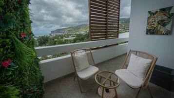 A balcony with two wicker chairs, a view of a coastal landscape, and a green wall with plants.