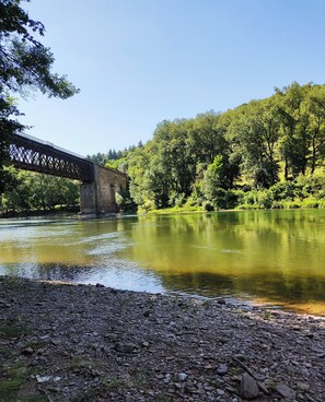 Un argine roccioso con un ponte e una fitta foresta.