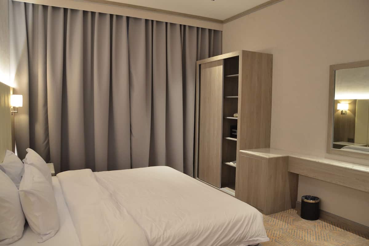 A hotel room with a bed, a wardrobe, a mirror, and a trash bin.