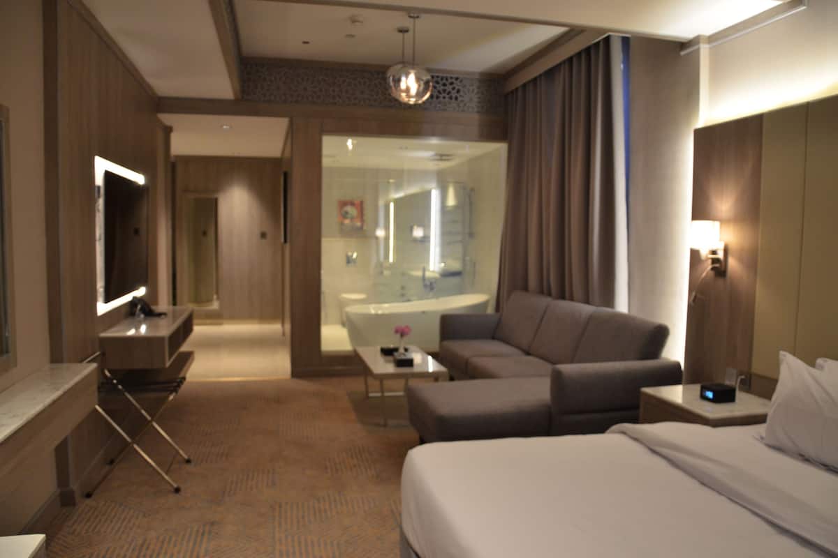 A hotel room with a bed, a sofa, a desk, a TV, a bathroom with a bathtub, and a mirror.