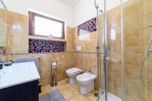 Shower, hair dryer, bidet, towels