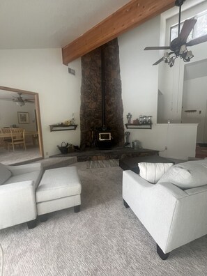 Smart TV, caminetto, libri