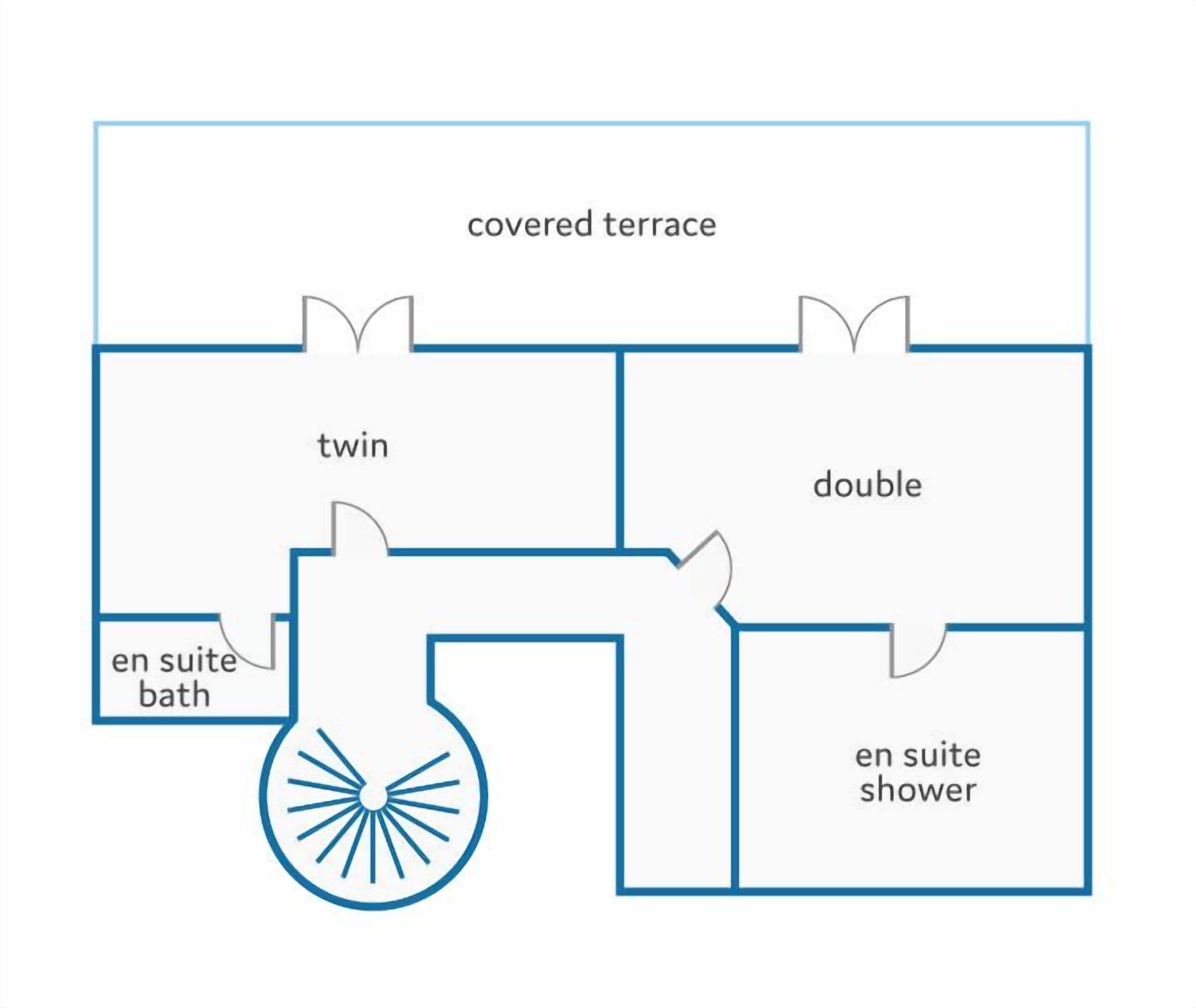 Plano de planta que muestra una terraza cubierta, habitaciones individuales, una habitación doble y baño con ducha propio.