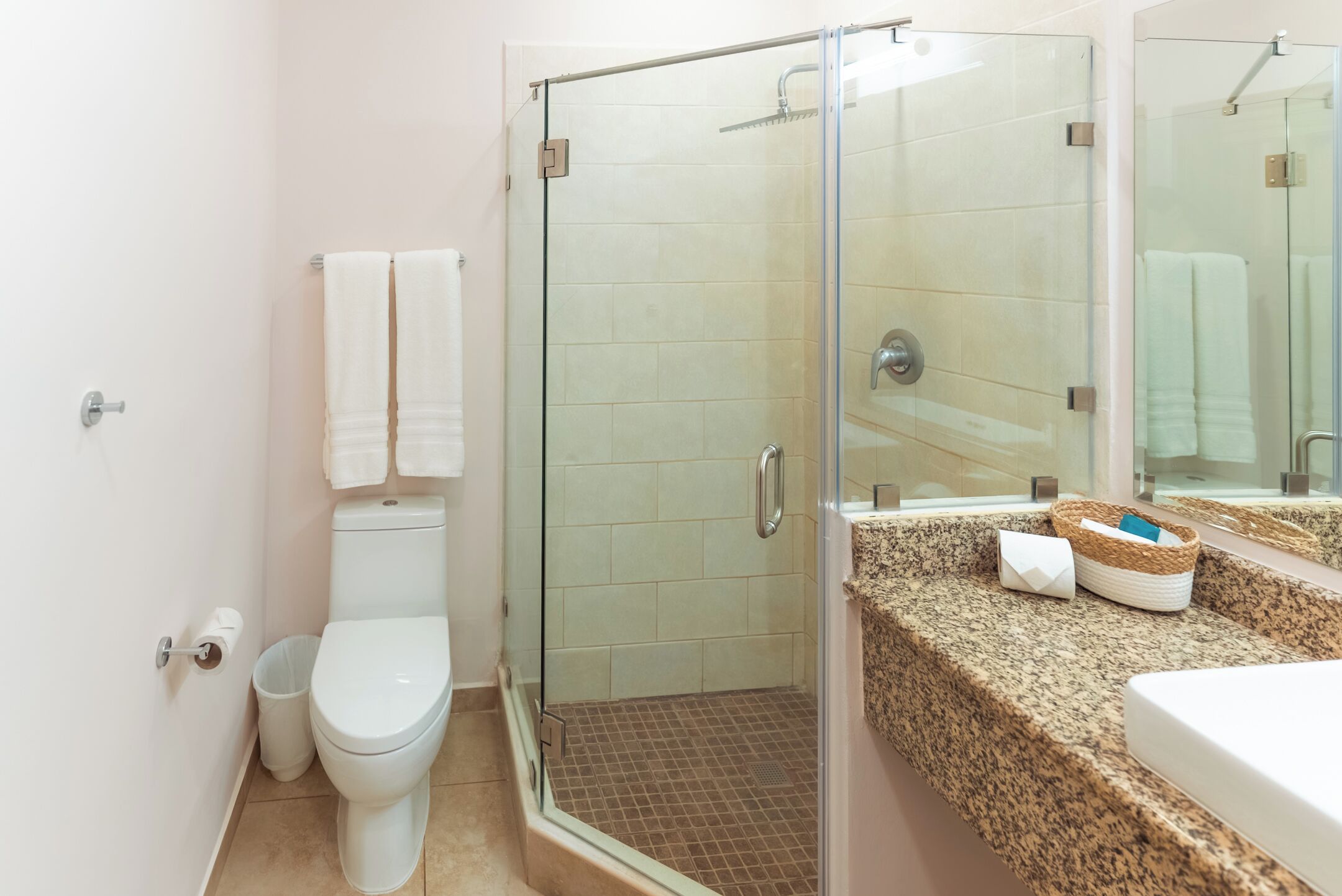 A bathroom with a toilet, a glass shower enclosure, and a granite countertop with a sink and a basket.