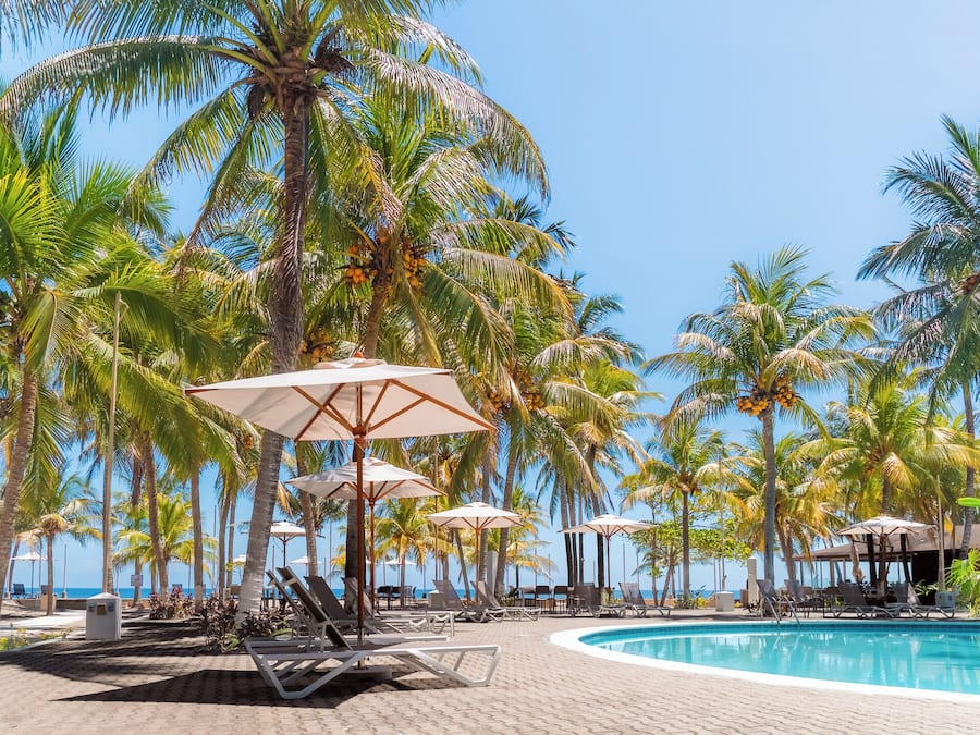Zona junto a la piscina con sillones de descanso y sombrillas, palmeras y una vista despejada del océano.