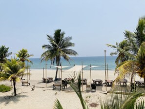 A beach with palm trees, a hammock, and tables and chairs set up for dining.