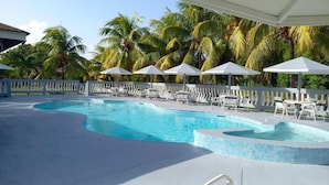 Zona de piscina con sillas de descanso y sombrillas, rodeada de palmeras.
