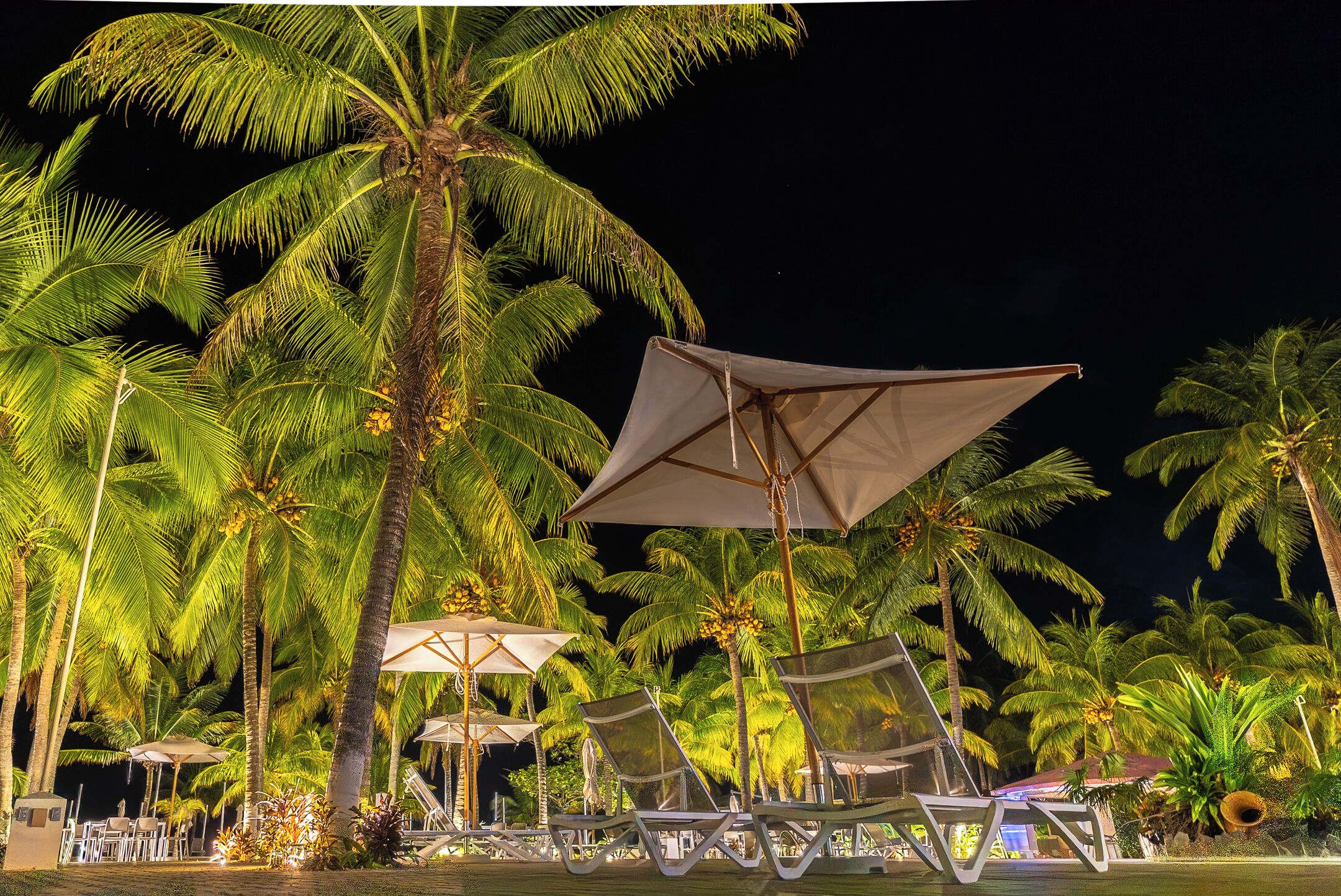 Un complexe hôtelier ouvert la nuit, avec des palmiers, des espaces de détente en plein air et des parasols.