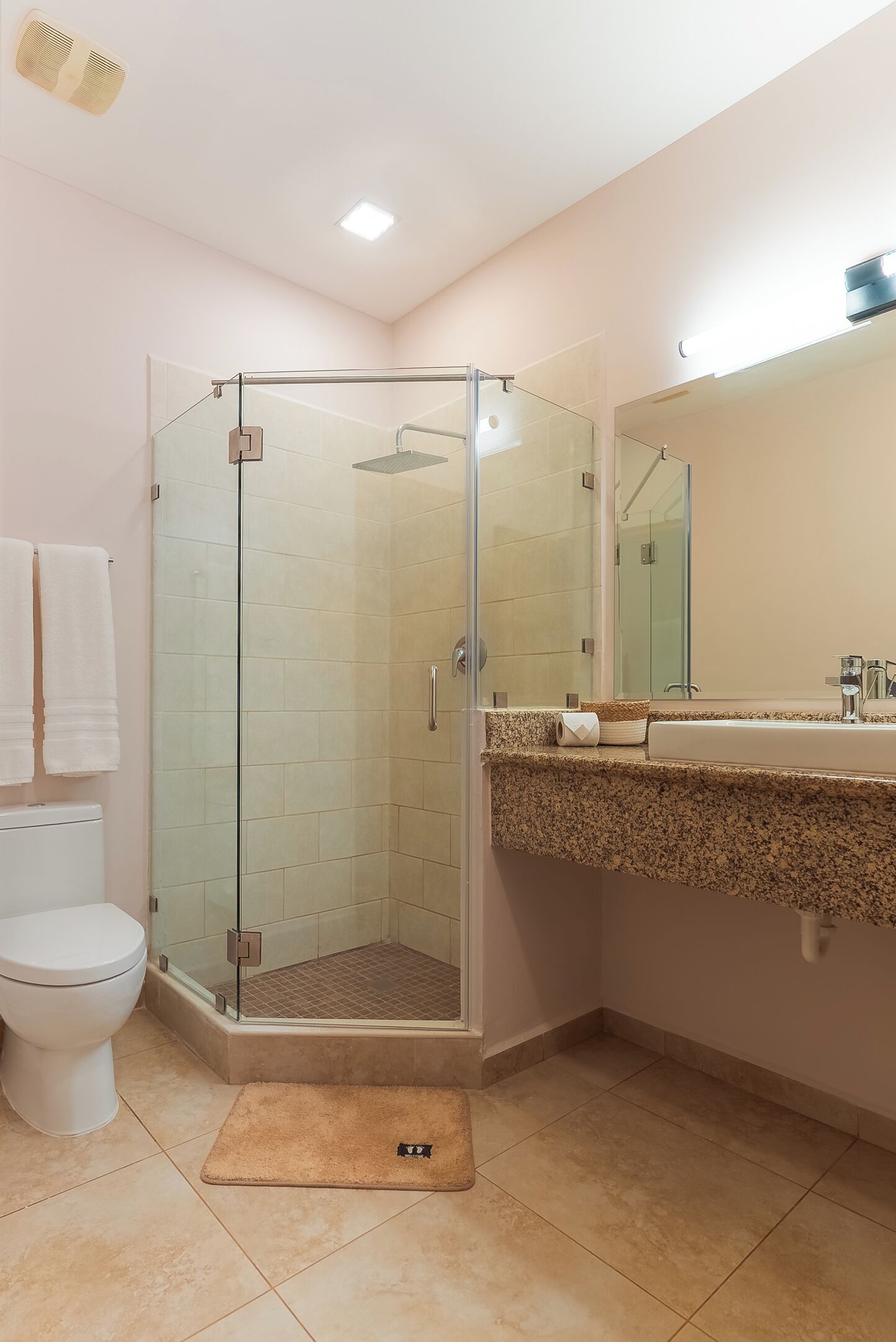 Un baño con ducha de vidrio, inodoro y lavamanos con encimera de granito.