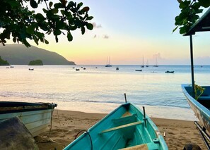 On the beach, sun-loungers, beach towels