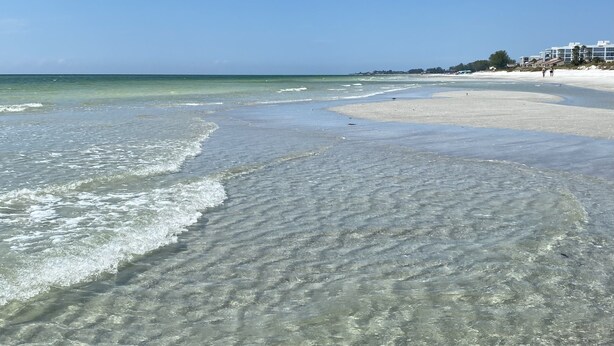 A beach with clear shallow waters and a few buildings in the background. - Beach lovers paradise!  (Longboat Key)