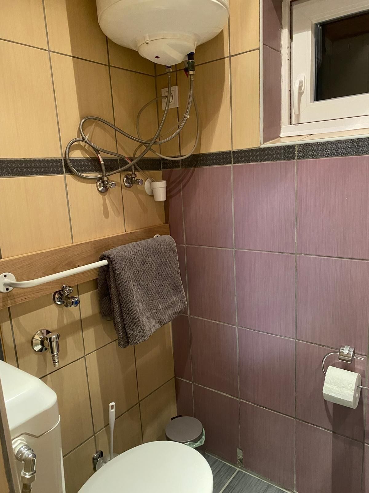 A bathroom with a toilet, a towel rack with a towel, a shower head, and a toilet paper holder.