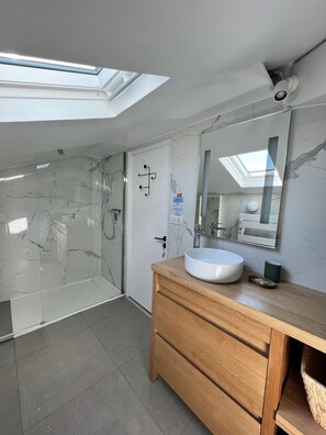 Shower, towels, soap, toilet paper