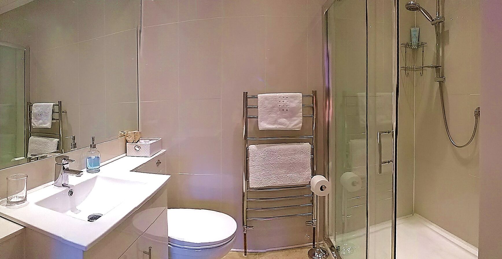 Et moderne badeværelse med en brusekabine i glas, en hvid vask og et toilet.