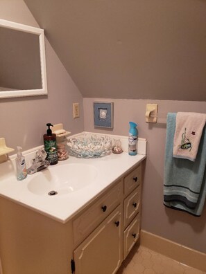 Hair dryer, towels, soap, shampoo