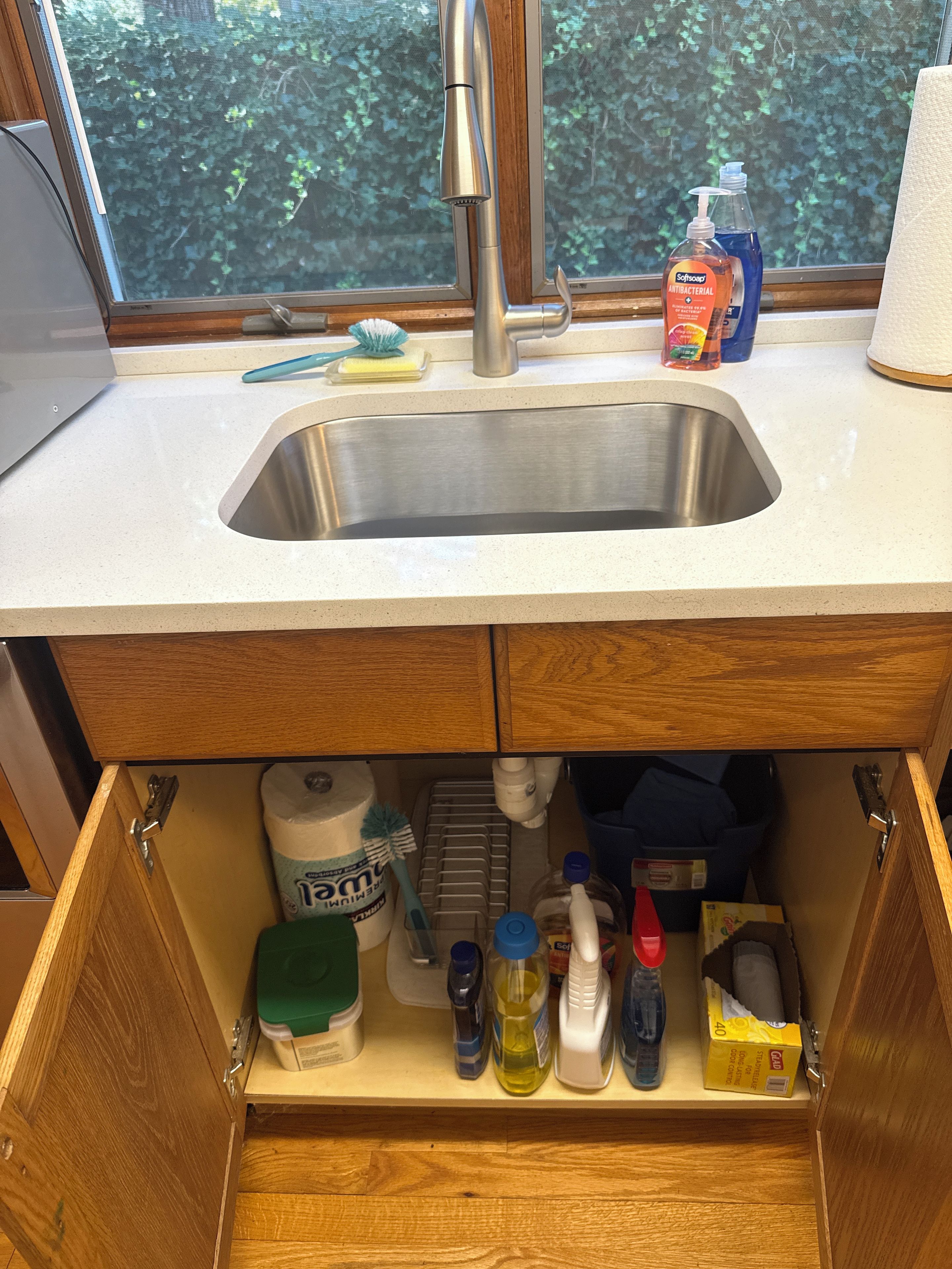 A kitchen sink with a window above it, a countertop with cleaning supplies, and a wooden cabinet below.