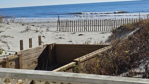 A beach with a wooden fence and a clear blue sky. - Seaside Retreat - Shore Drive, 3 bed, 2.5 bathrooms with an Ocean View. (Horry County)