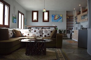 Smart TV, fireplace, books, computer monitors