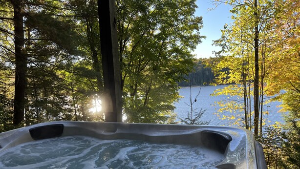 Un bain à remous entouré d’arbres et bordant un lac.