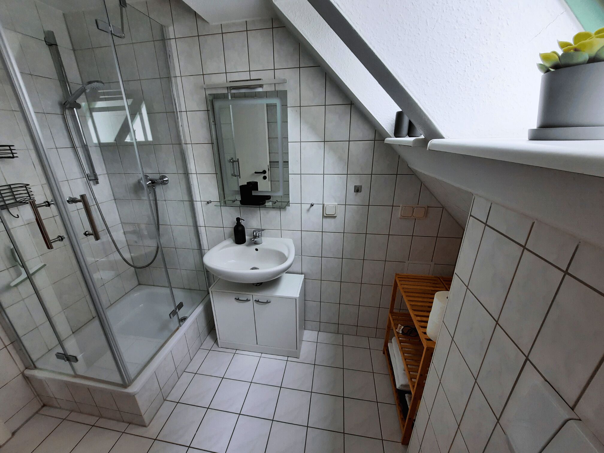 A modern bathroom with a glass-enclosed shower, a white sink, and a mirror above it.