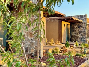 A modern house with a stone facade, a wooden deck, and a garden with various plants.