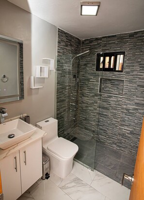 Shower, towels, soap, toilet paper