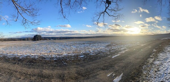 A rural landscape with a dirt road, fields, and a distant tree line under a clear sky. - Glenn’s Place, Farmhouse, Remsen, NY Foothills of the Adirondack’s (Remsen)