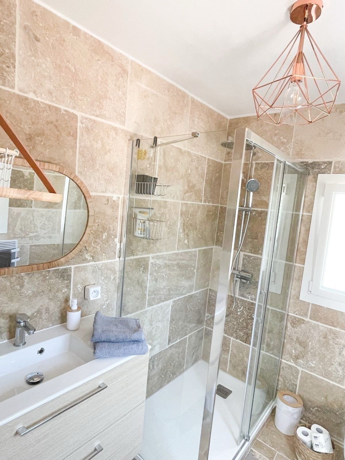 Hair dryer, towels, soap, shampoo