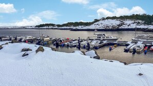 A marina with boats docked, snow on the ground, and a forested hill in the background.