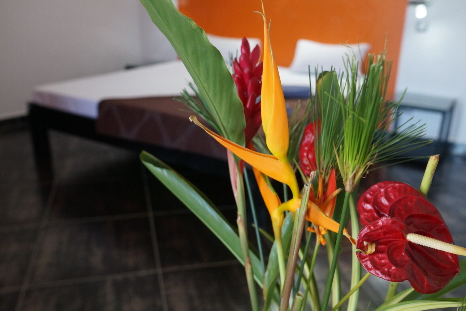 Una habitación con cama, mesita de noche y una planta con flores rojas y amarillas.