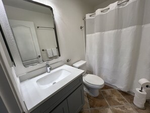 Bathroom features a sink, mirror, toilet, and shower curtain.