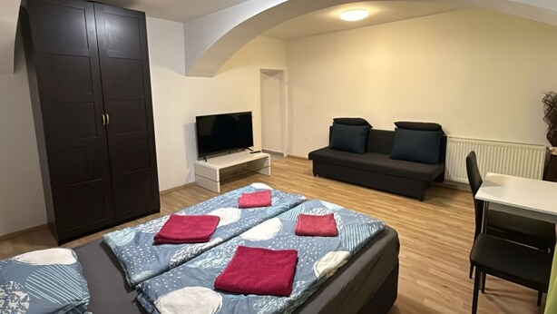 Una habitación con una cama, televisión, sofá y escritorio.