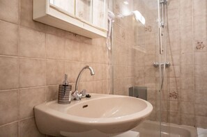 Shower, hair dryer, shampoo, toilet paper