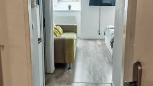 A room with a sofa, a bed, a TV mounted on the wall, and a radiator.