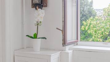 Ein Fenster mit Blick auf Grün, ein Blumentopf auf einer weißen Heizung und eine Tür mit Griff.