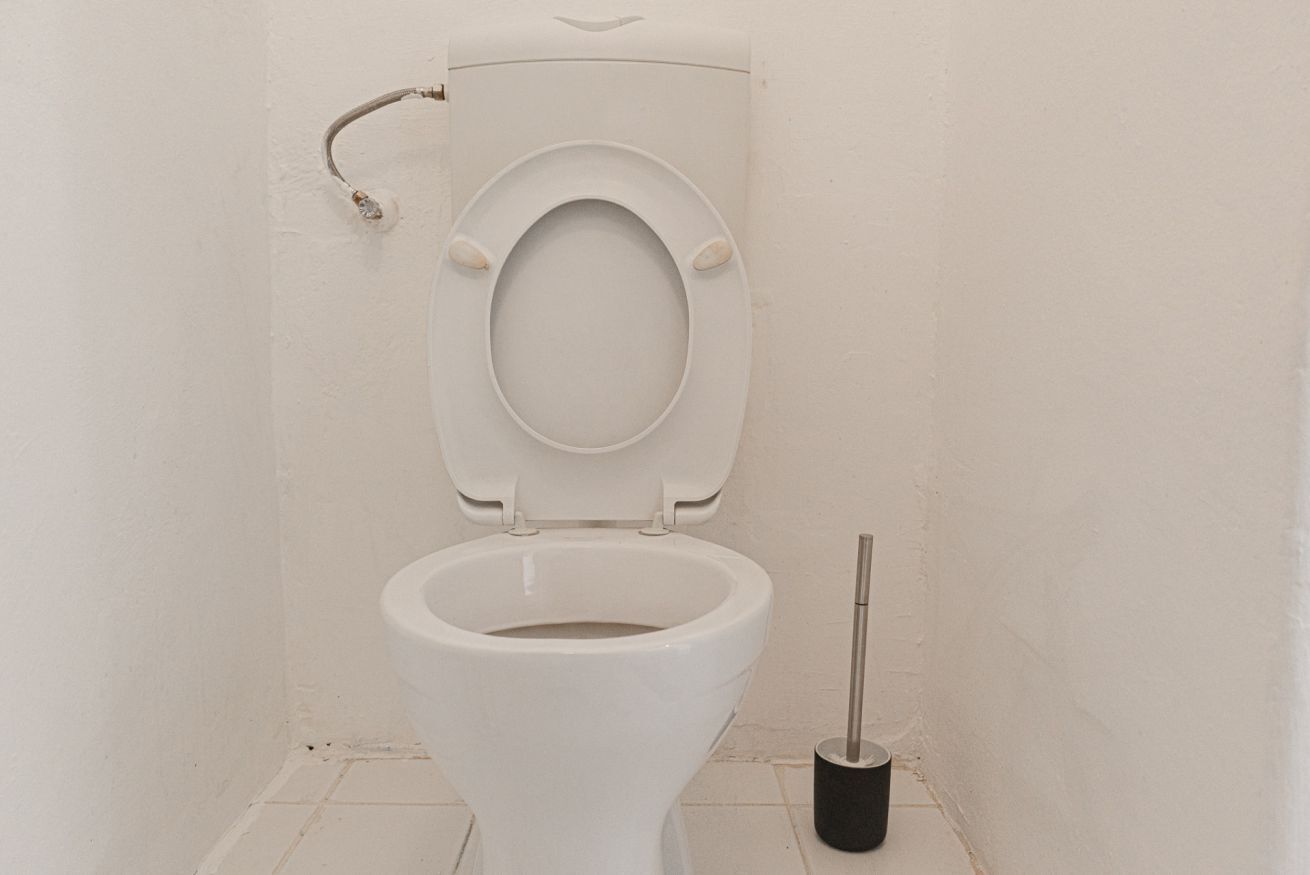 Des toilettes blanches avec un abattant fermé, une poignée de chasse d’eau et une brosse pour les toilettes.