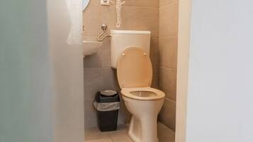 Shower, hair dryer, shampoo, toilet paper