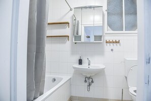 Hair dryer, towels, soap, shampoo