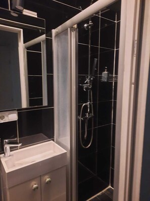 Hair dryer, towels, soap, shampoo