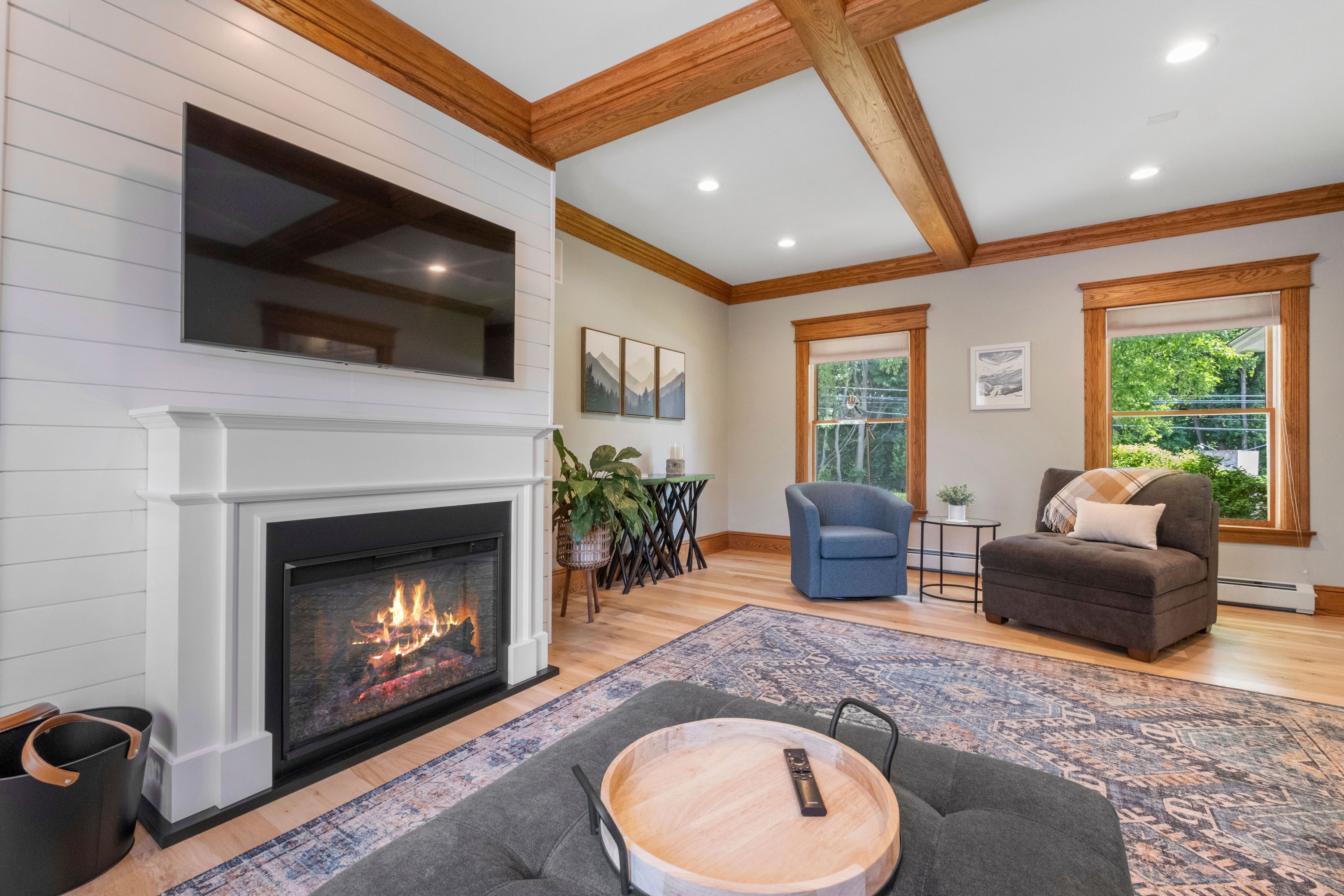 Een smart-tv, een open haard, boeken en een stereo