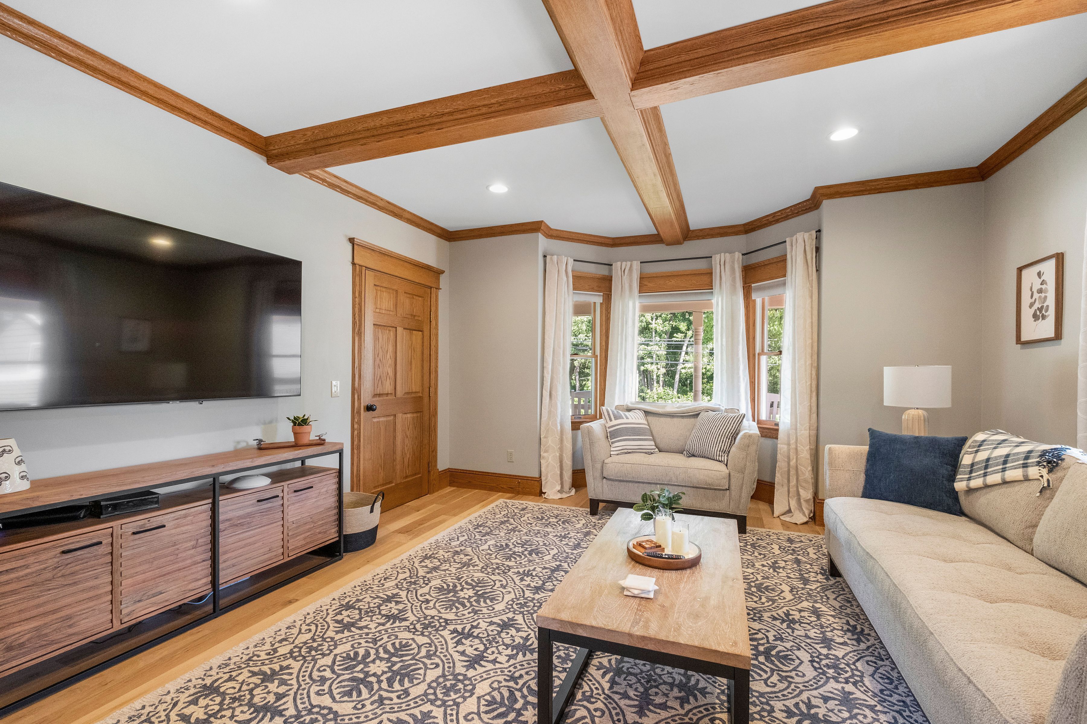 Smart TV, chimenea, libros y estéreo 