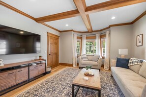 Smart TV, fireplace, books, stereo