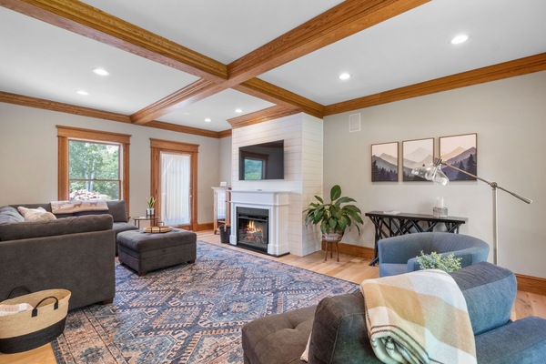 Smart TV, fireplace, books, stereo