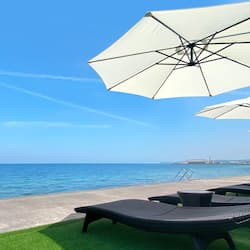 Private beach, beach umbrellas, fishing