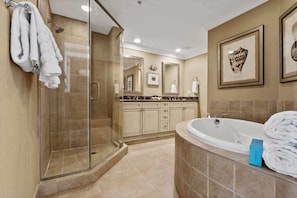 Shower, hair dryer, towels, shampoo