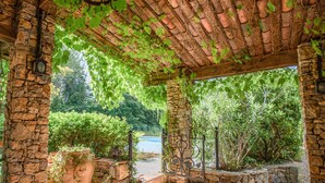 A stone pergola with a brick roof, surrounded by lush greenery and a stone wall. - Charming stone house with airco and a large pool (Lorgues)
