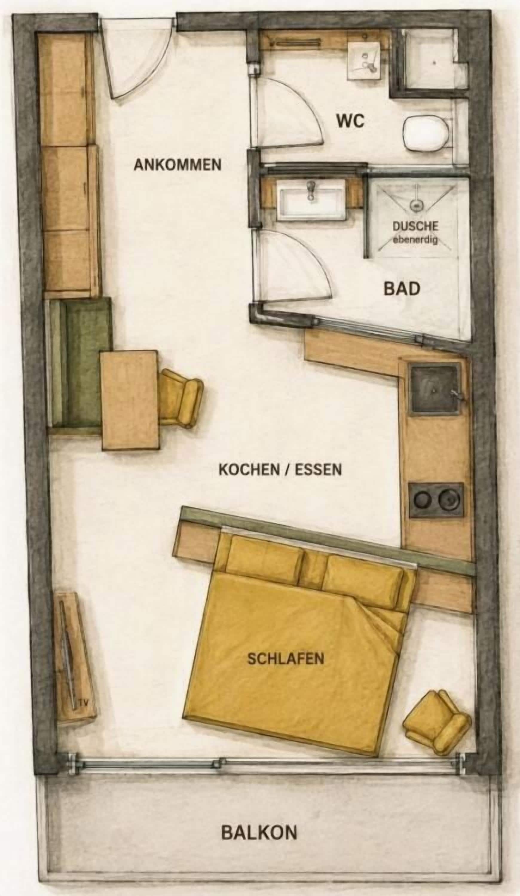 Un plan d’aménagement de chambre d’hôtel comprenant un balcon, un coin cuisine, une salle de bain et un espace de vie.