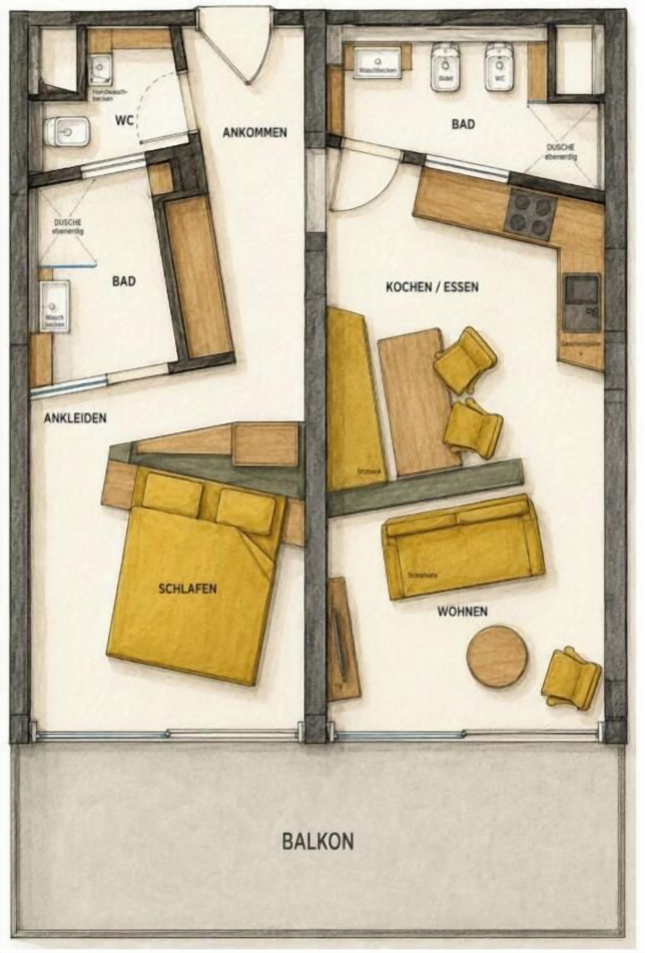 A floor plan of a hotel room with a balcony, kitchenette, bathroom, and a living area.