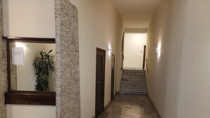 Un couloir avec un mur d’accent en briques, une plante en pot, une porte et un escalier en marbre menant à une autre pièce.