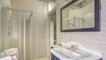 Shower, hair dryer, bidet, towels